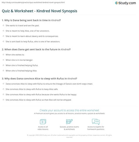 Quiz & Worksheet - Kindred Novel Synopsis | Study.com