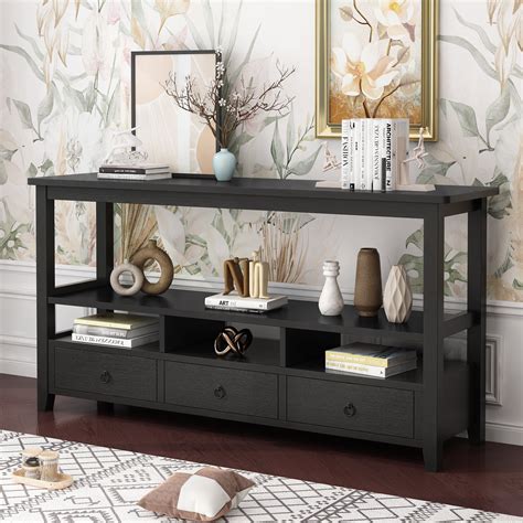 "Ktaxon 58"" Black Console Table with Storage, 3 Drawers, Entryway ...