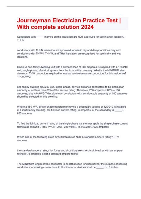 Journeyman Electrician Practice Test | With complete solution 2024 ...