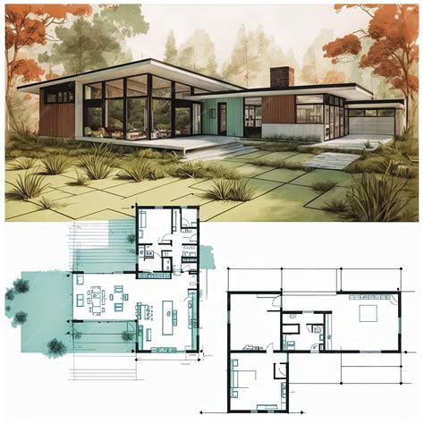 Premium Photo | Mid century modern house plan Residential villa ...