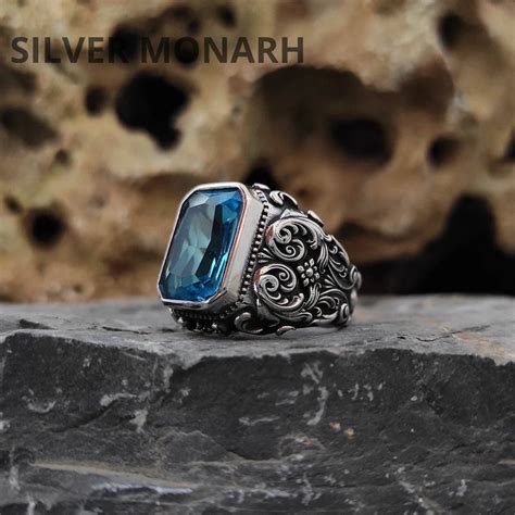 Широкий перстень из серебра с голубым камнем аквамарин | Rings for men ...