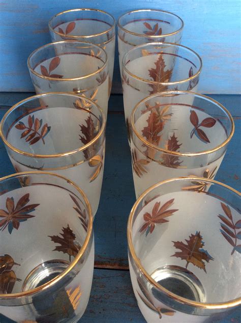 Glasses . Vintage Libbey Drinking Glasses, Gold Foliage Glasses. MCM ...