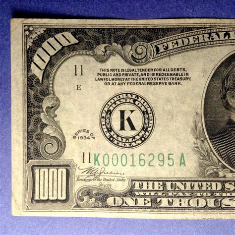 Rare Series of 1934 One Thousand Dollar Bill Genuine DALLAS district ...