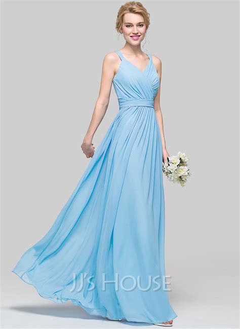 A-Line/Princess V-neck Floor-Length Chiffon Bridesmaid Dress With ...