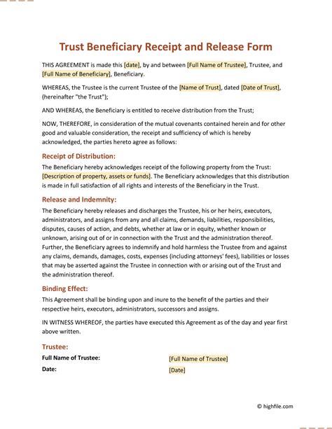 Beneficiary Receipt and Release Form - Google Docs | Word | PDF - Highfile