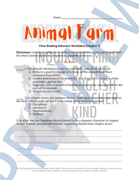 Animal Farm Chapter 7 Close Reading Inference Worksheet | Teaching ...