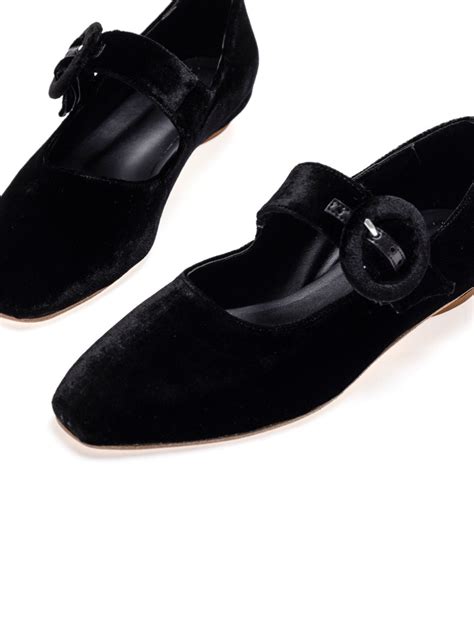 Black Velvet Oversized Buckle Elongated Ballet Flats Mary Janes ...