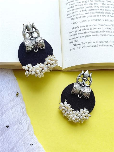 Oxidised Silver Shiva Trishul Design Black Fabric Earrings for Women ...