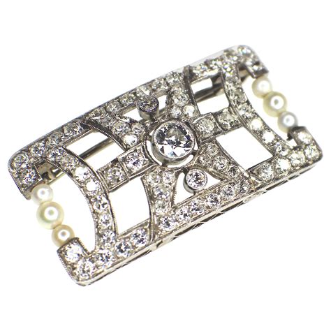 Art Deco Platinum, Diamond and Pearl Brooch For Sale at 1stDibs