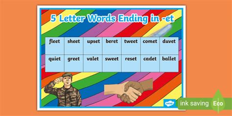 Five-Letter Words Ending In '-et' Word Mat - English