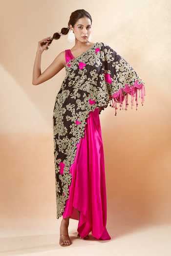 Buy Pink Georgette Tassels Round Neck Embroidered Cape And Draped Skirt ...
