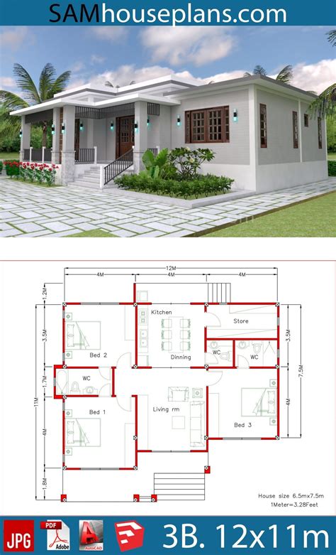 Flat Roof Modern House Floor Plans House Plans 12x11m with 3 Bedrooms ...