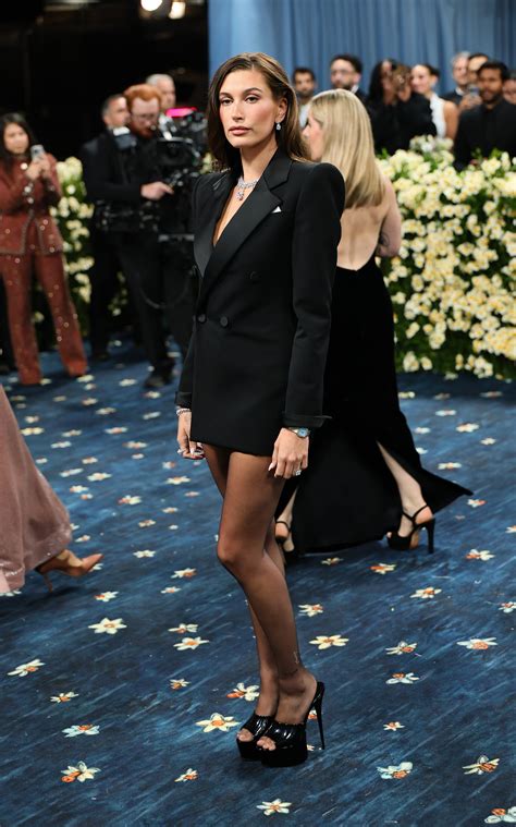 Hailey Bieber Pairs Her Saint Laurent Minidress With Skyscraper Heels at the 2025 Met Gala
