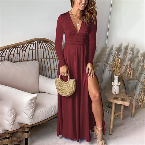 Sakmal Long Sleeve Spring Dresses for Women 2025 A Line Maxi V Neck Red ...