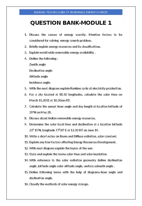 BEE654B Renewable Energy Sources: Question Bank Overview - Studocu