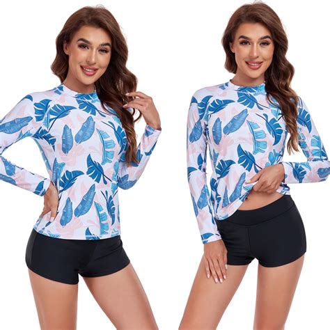 Women's Two-Piece Bathing Suits Floral Long Sleeve Tops + Shorts Modest ...