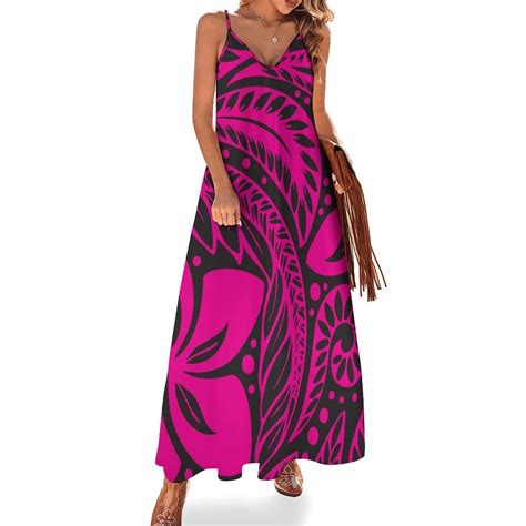 Pink Over Black Polynesian New Zealand Floral Tattoo Sleeveless Dress ...