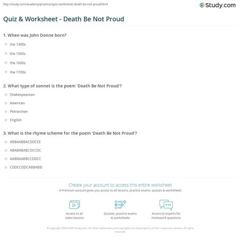 Quiz & Worksheet - Death Be Not Proud | Study.com