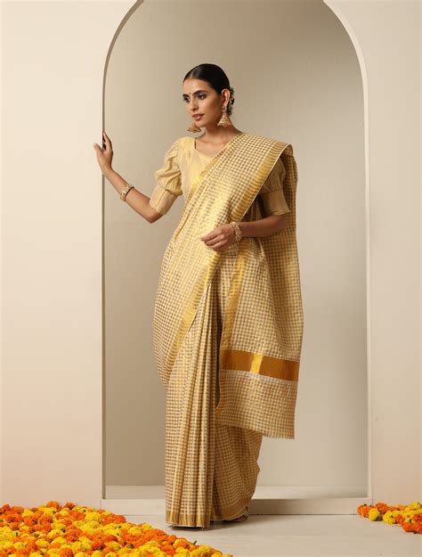 Ready to Wear Golden Checks Kasavu Saree – Glamwiz India