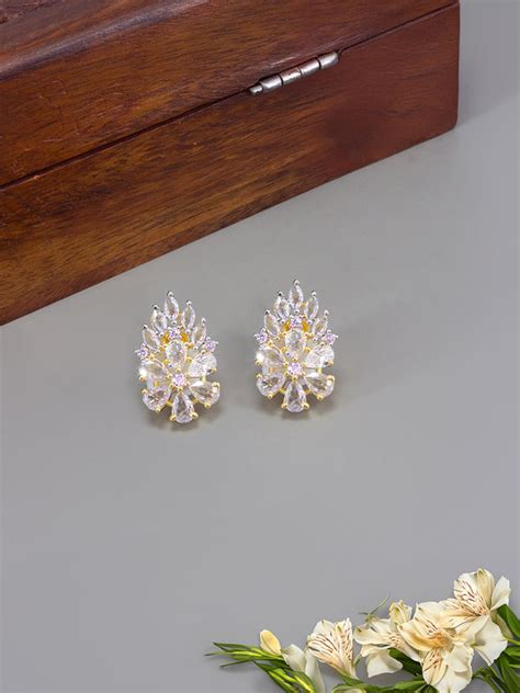 Gold Plated Floral American Diamond Stud Earrings – PRIVIU
