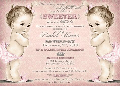 Twins Baby Shower Invitation for Twin Girls Vintage Princess Crown Pink ...