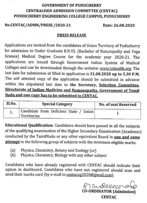 CENTAC invites applications for BNYS course 2020-21