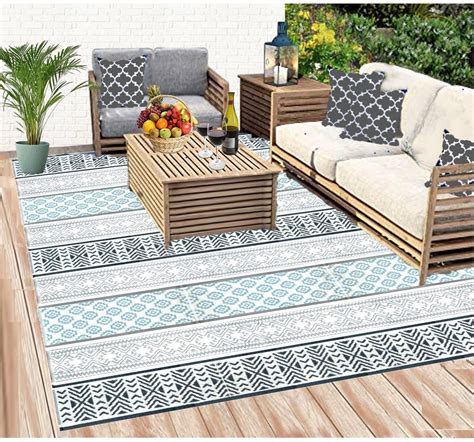 BalajeesUSA Recycled Outdoor Plastic Patio Rugs - 9x12, Grey, Teal ...