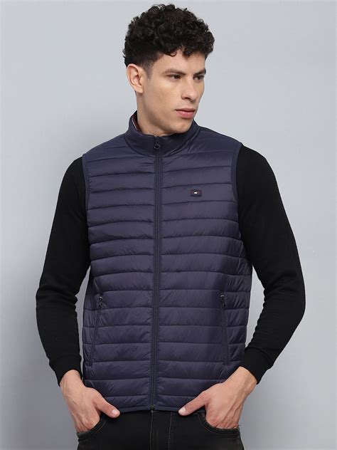 Buy Men Navy Blue Solid Mock Neck Sleeveless Jacket Online in India ...