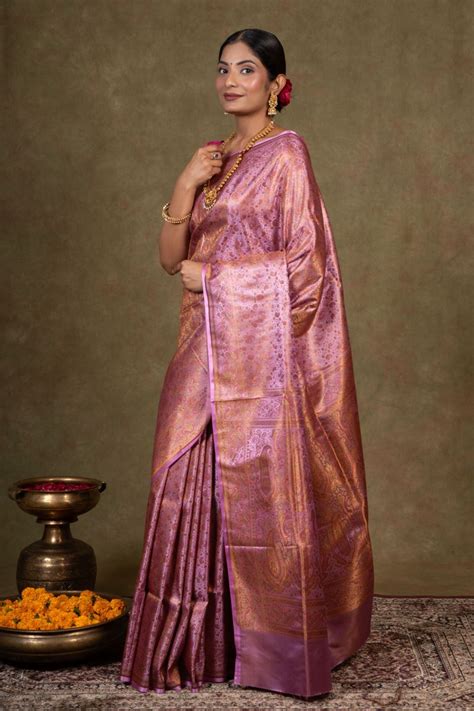 Buy Lavender Paisley Jamewar Tanchoi Banarasi Silk Saree - House Of ...
