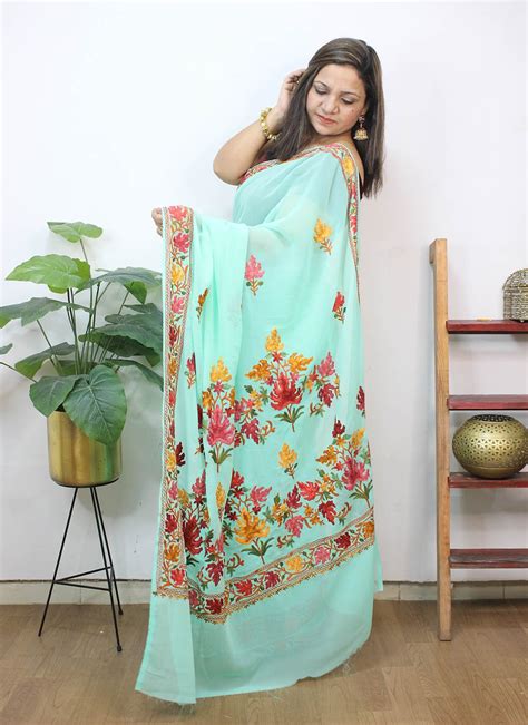 Blue Embroidered Kashmiri Aari Work Georgette Saree - Luxurionworld