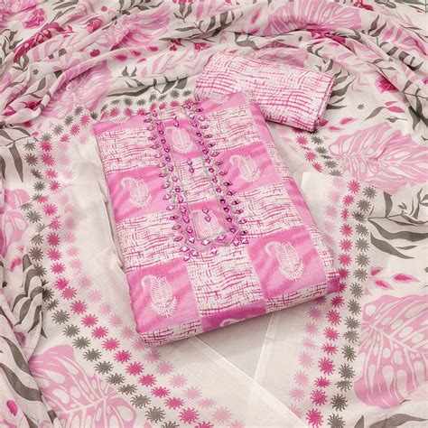 Pink Printed With Mirror Work Pure Cotton Dress Material