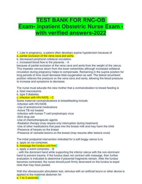 SOLUTION: Test bank for rnc ob exam inpatient obstetric nurse exam with ...