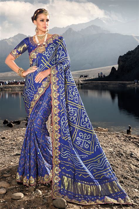 Buy Blue Embroidery Silk Bandhani Saree zb130772 | Saree Buta