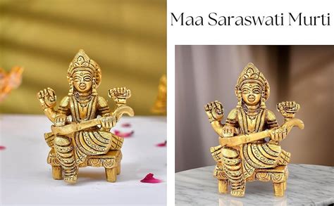 CraftVatika Brass Maa Saraswati Sitting on Base Idol Murti Statue ...