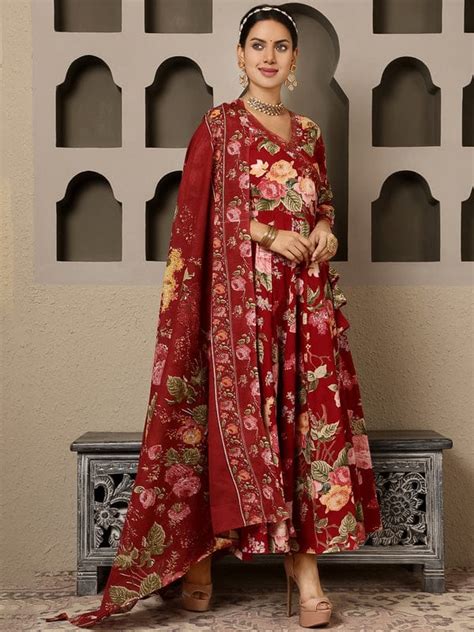 MAROON COTTON CALF LENGTH PRINTED AGRAKHA ANARKALI KURTA SUIT SET ...