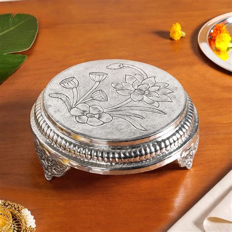 Hibiscus Round Pure Brass Pooja Chowki With Silver Polish 22x8cm Online ...