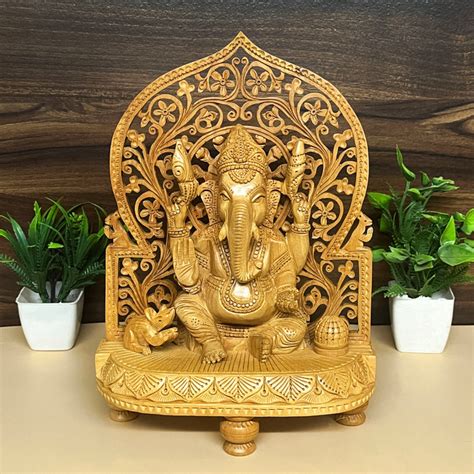 Buy Handmade Wooden Jali Frame Sitting Lord Ganesha Staue Showpiece ...