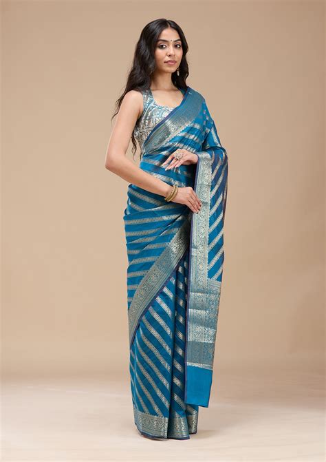 Buy Royal Blue Zariwork (Gold) Banarasi Silk Saree - Koskii