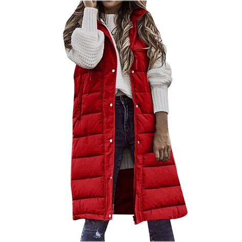 WREESH Womens Long Puffer Vest Sleeveless Hooded Puffy Jackets Winter ...
