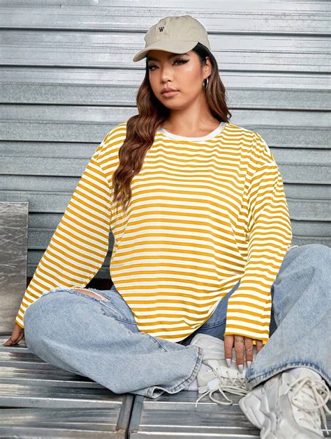 SHEIN EZwear Plus Size Women Striped Print Crew Neck Long Sleeve T ...