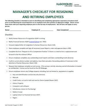 Fillable Online MANAGERS CHECKLIST FOR RESIGNING AND RETIRING EMPLOYEES ...