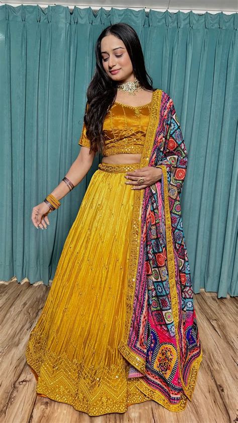 Mustard Cultural Elegant Chinon Silk Lehenga Set