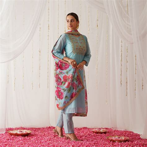 Buy Light Blue Embroidered Chanderi Kurta Set | Rustorange