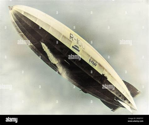 The British R100 airship in flight. She was a rigid airship, designed ...