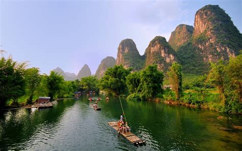 Wallpaper Guilin, Yangshuo beautiful landscape, mountains, trees, river ...