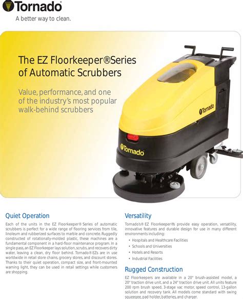 Tornado ez floorkeeper walk behind floor scrubber brochure specifications
