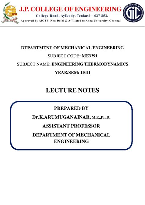 ME3391 Engineering Thermodynamics Lecture Notes and Question Bank - Studocu