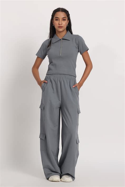 Grey Half Sleeves French Terry Cargo Co-ord – Obleka.in