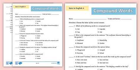 Grade 4 English Quiz - Compound words (teacher made)