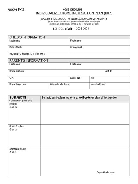 2023-2026 Form NY Individualized Home Instruction Plan (IHIP) Grades 9 ...